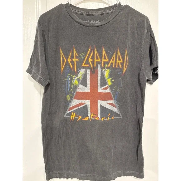 Def Leppard Hysteria Graphic T-Shirt Mens Small Med Faded Black Union Jack Tee - Picture 1 of 3